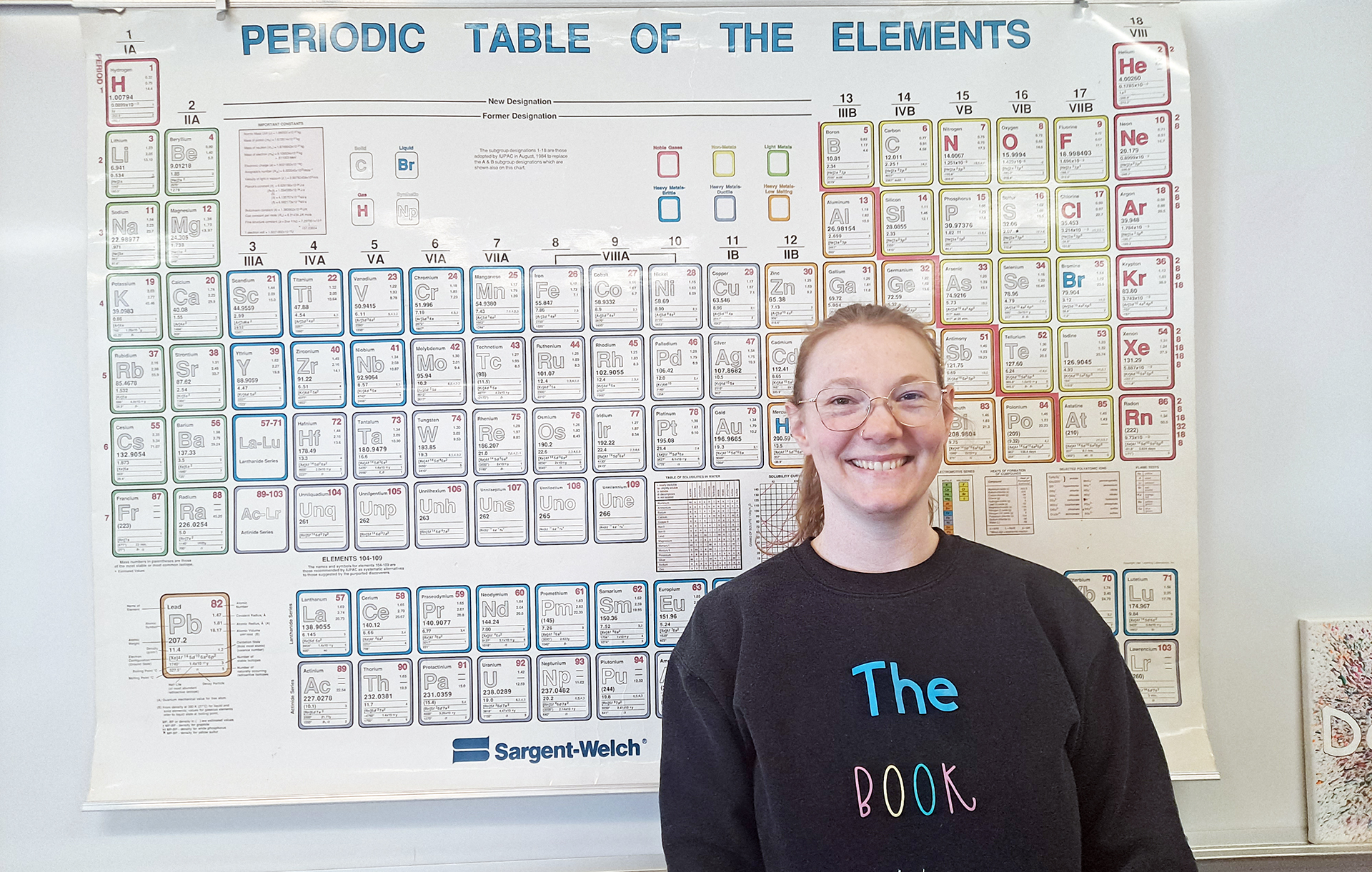 New KHS science teacher Ms. DeWitt poses in front of the periodic table of elements. | Photo by Mariah Baird