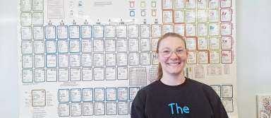 New KHS science teacher Ms. DeWitt poses in front of the periodic table of elements. | Photo by Mariah Baird