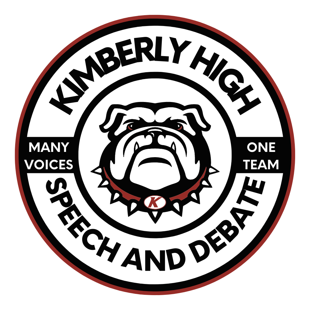 Kimberly High Speech and Debate with bulldog logo. Motto says "Many voices. One team."