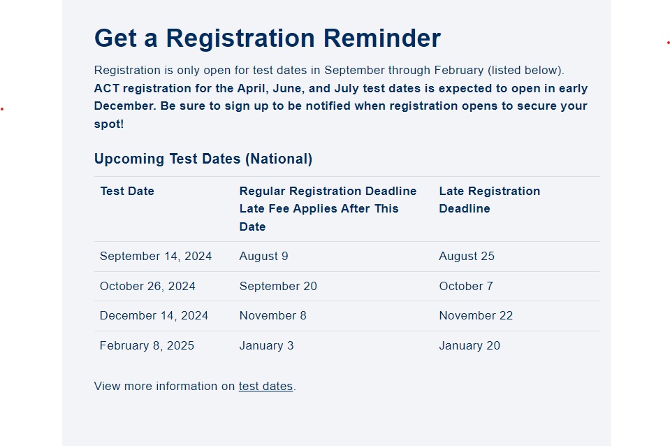 ACT Testing Dates 