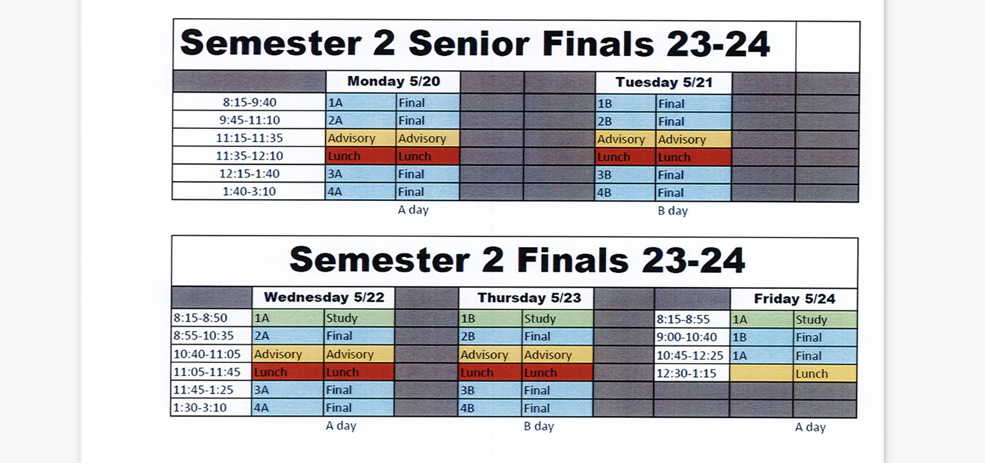 Finals schedule