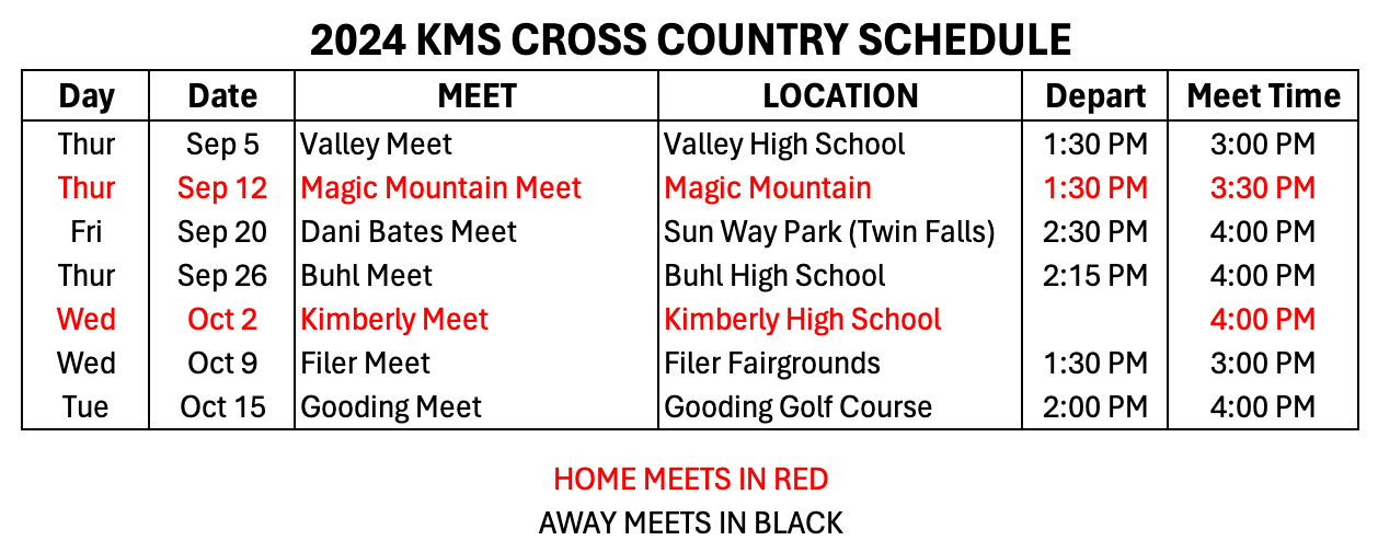 2024 Cross Country Schedule