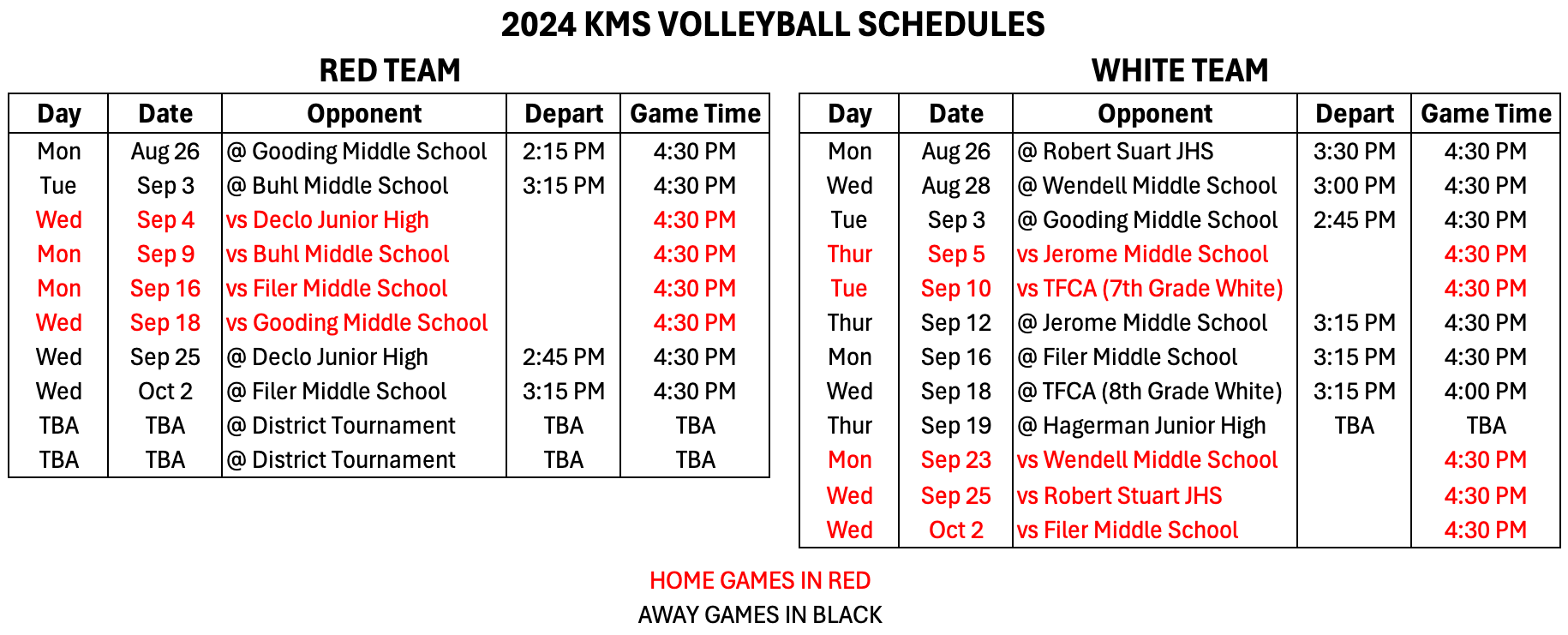 2024 KMS Volleyball Schedules