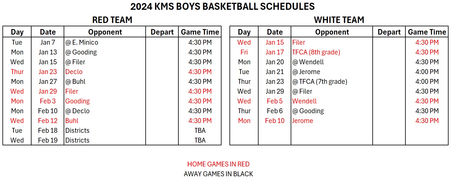 KMS Boys Basketball Schedule