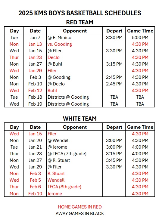 KMS Boys Basketball Schedule