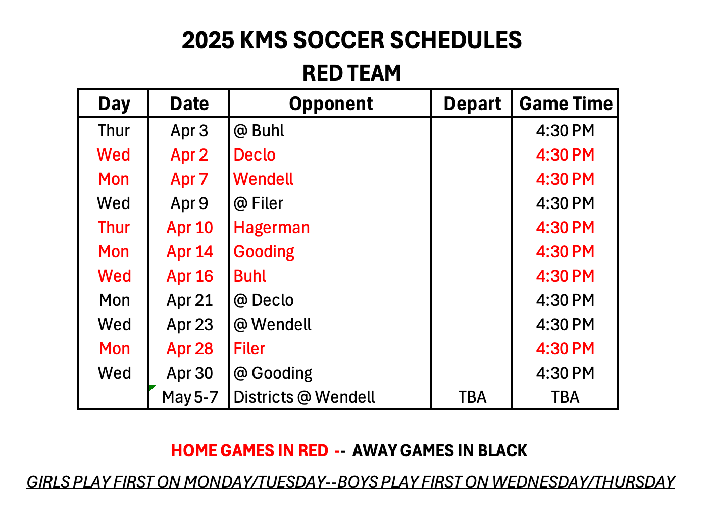 2025 KMS Soccer Schedule