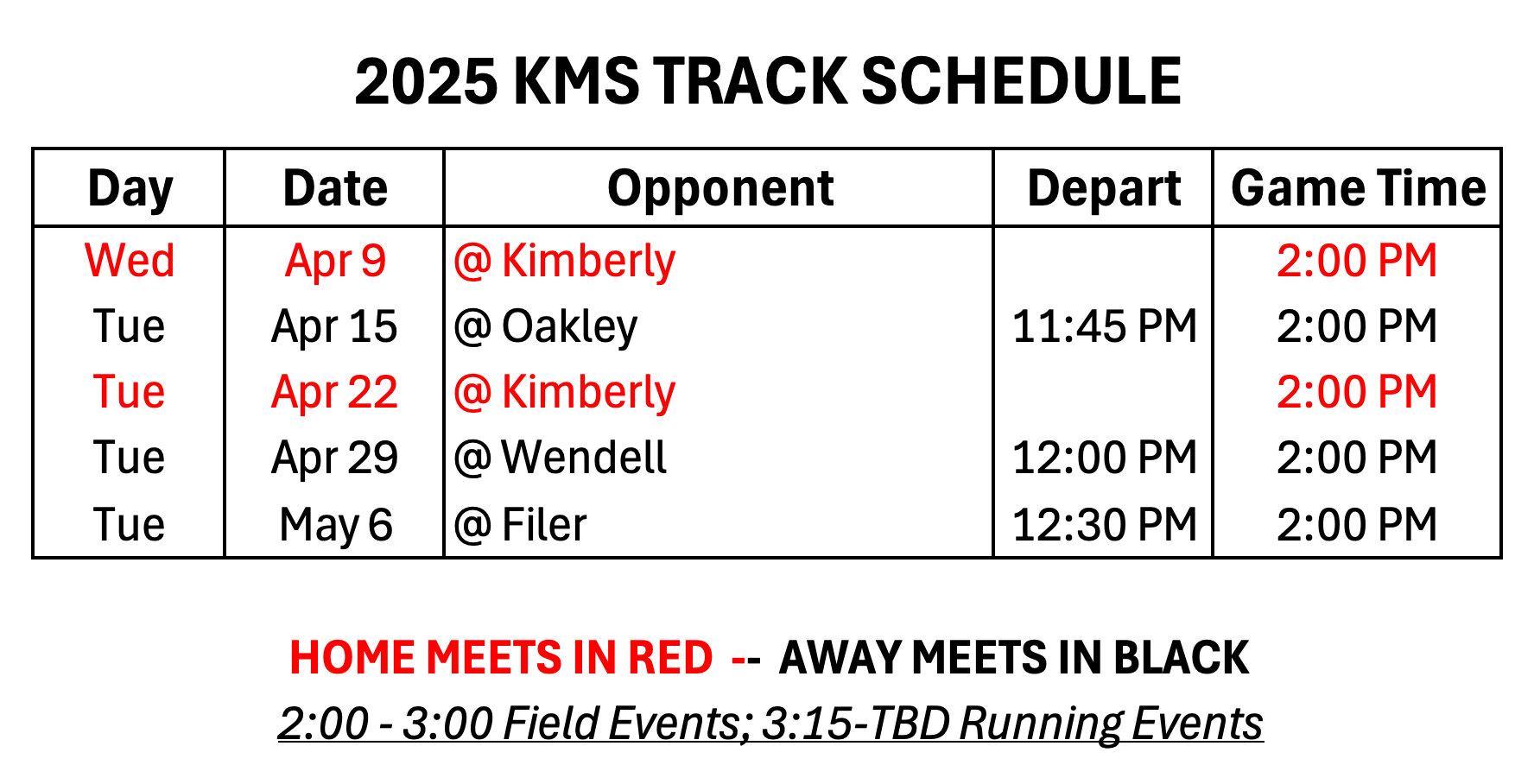 2025 KMS Track Schedule