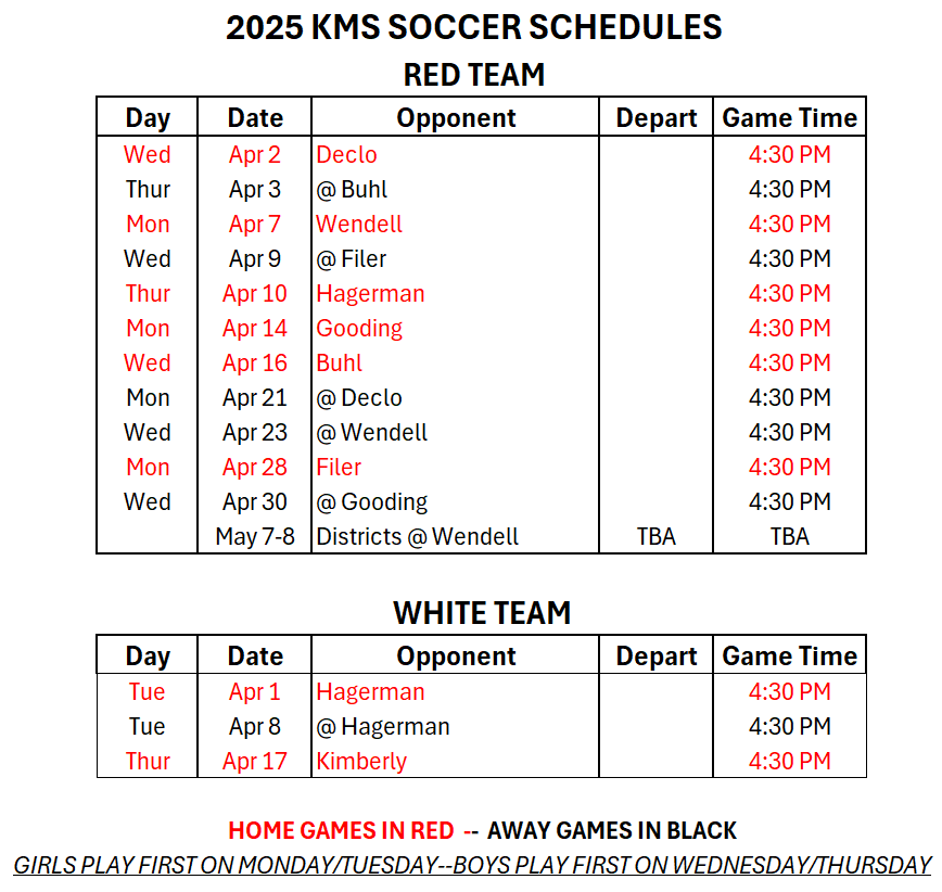 KMS Soccer Schedule