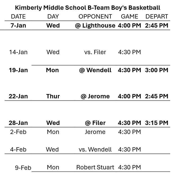KMS Boys White Team Basketball Schedule