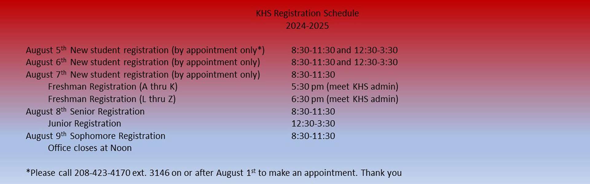 2024 KHS Registration Schedule