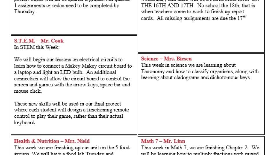 7th Grade Weekly Update