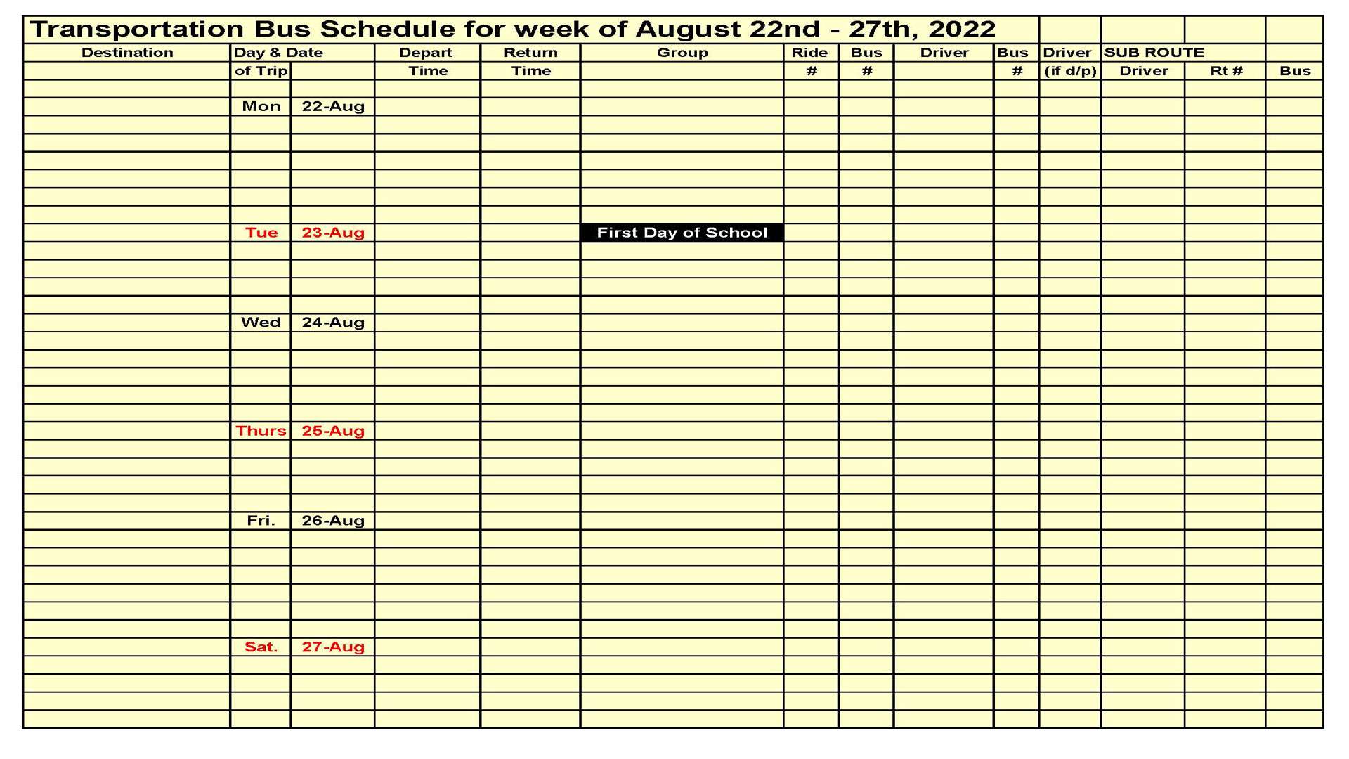Transportation New Week Schedule